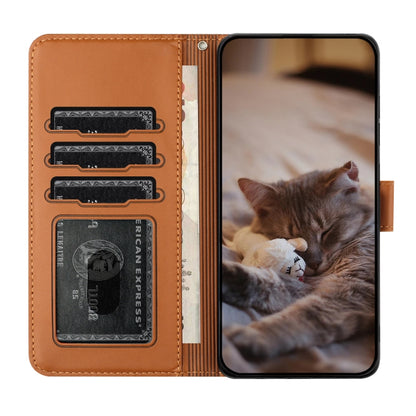 For Xiaomi Poco F5 Cat Embossing Pattern Leather Phone Case with Lanyard(Brown) - Xiaomi Cases by buy2fix | Online Shopping UK | buy2fix