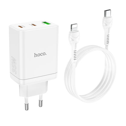 hoco N33 Start PD35W Dual Type-C + USB Charger with Type-C to 8 Pin Cable, EU Plug(White) - USB Charger by hoco | Online Shopping UK | buy2fix