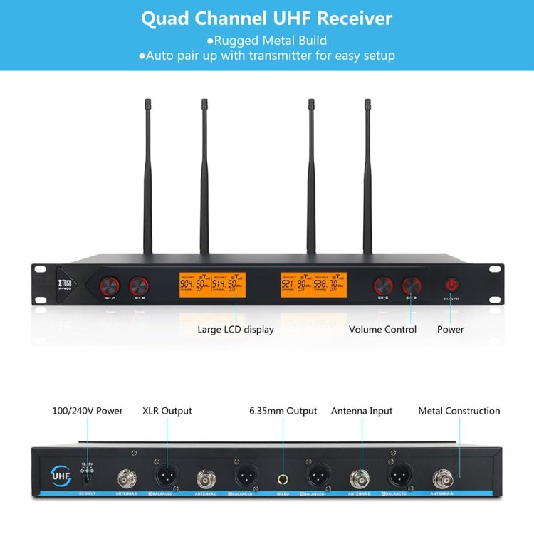 XTUGA A400-B Professional 4-Channel UHF Wireless Microphone System with 4 BodyPack Lavalier Headset Microphone(AU Plug) - Microphone by XTUGA | Online Shopping UK | buy2fix