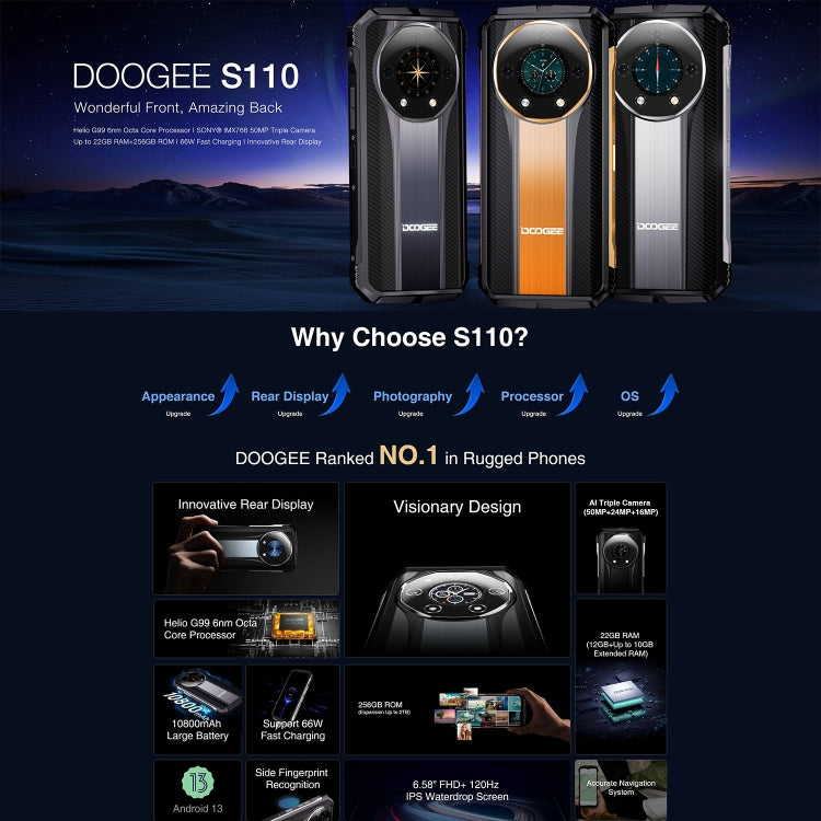 DOOGEE S110, 12GB+256GB, IP68/IP69K/MIL-STD-810H, 6.58 inch Android 13 MediaTek MT6789 Helio G99 Octa Core, Network: 4G, OTG(Gold) - DOOGEE by DOOGEE | Online Shopping UK | buy2fix