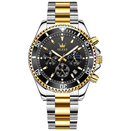 OLEVS 2870 Men Multifunctional Chronograph Three Eyes Waterproof Quartz Watch(Black + Gold) - Metal Strap Watches by OLEVS | Online Shopping UK | buy2fix