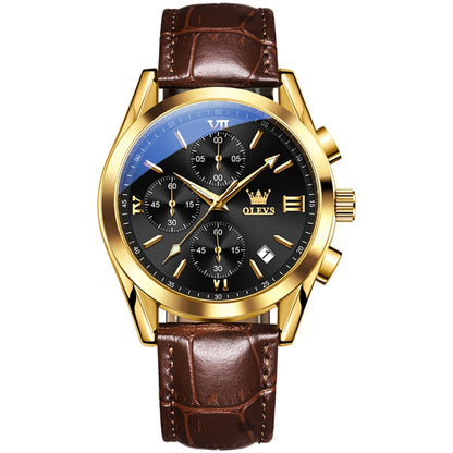 OLEVS 2872 Men Three Eyes Six Needles Chronograph Waterproof Quartz Watch(Black + Gold) - Leather Strap Watches by OLEVS | Online Shopping UK | buy2fix