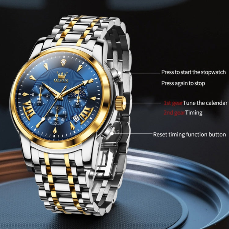 OLEVS 2892 Men Multifunctional Business Waterproof Quartz Watch(Blue + Gold) - Metal Strap Watches by OLEVS | Online Shopping UK | buy2fix