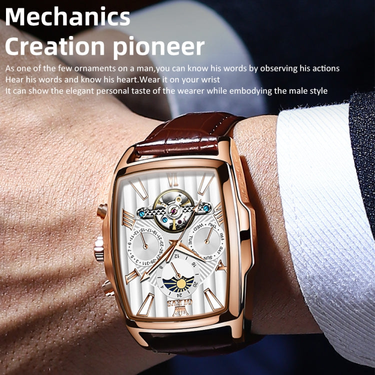 OLEVS 6675 Men Multifunctional Moon Phase Tourbillon Mechanical Watch(White + Rose Gold) - Leather Strap Watches by OLEVS | Online Shopping UK | buy2fix