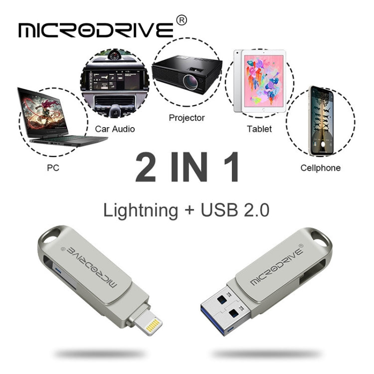 MicroDrive 2 In 1  8 Pin + USB 2.0 Portable Metal USB Flash Disk, Capacity:128GB(Silver) - USB Flash Drives by MICRODRIVE | Online Shopping UK | buy2fix