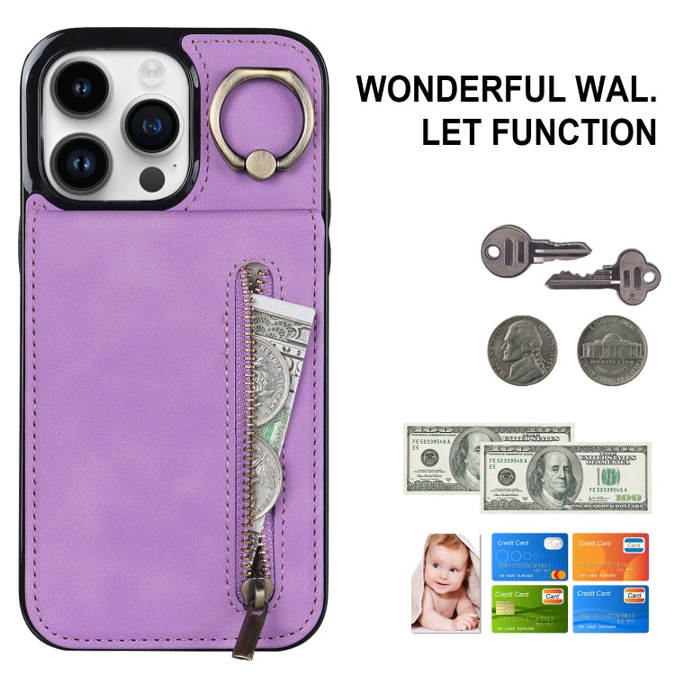 For iPhone 15 Pro Max Retro Ring and Zipper RFID Card Slot Phone Case(Purple) - iPhone 15 Pro Max Cases by buy2fix | Online Shopping UK | buy2fix