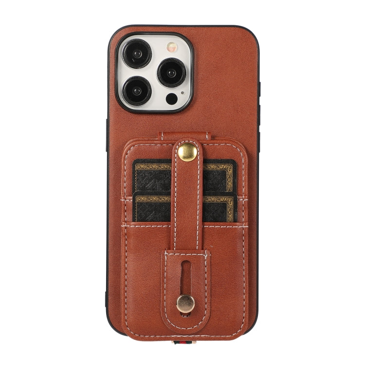 For iPhone 15 Pro Max 02 RFID Card Bag Cowhide Texture PU Phone Case(Brown) - iPhone 15 Pro Max Cases by buy2fix | Online Shopping UK | buy2fix