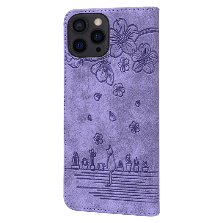 For iPhone 15 Pro Max Cartoon Sakura Cat Embossed Leather Phone Case(Purple) - iPhone 15 Pro Max Cases by buy2fix | Online Shopping UK | buy2fix