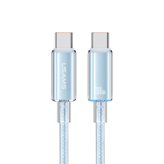 USAMS Type-C To Type-C Aluminum Alloy Clear LED 100W Fast Charge Data Cable, Length:1.2m(Blue) - USB-C & Type-C Cable by USAMS | Online Shopping UK | buy2fix