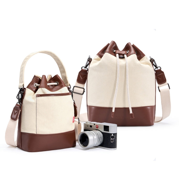 Cwatcun D100 Canvas PU Waterproof Bundle Drawstring Lens Bag Crossbody Camera Bag, Size:20 x 11 x 26cm(Beige) - Strap Satchel by Cwatcun | Online Shopping UK | buy2fix