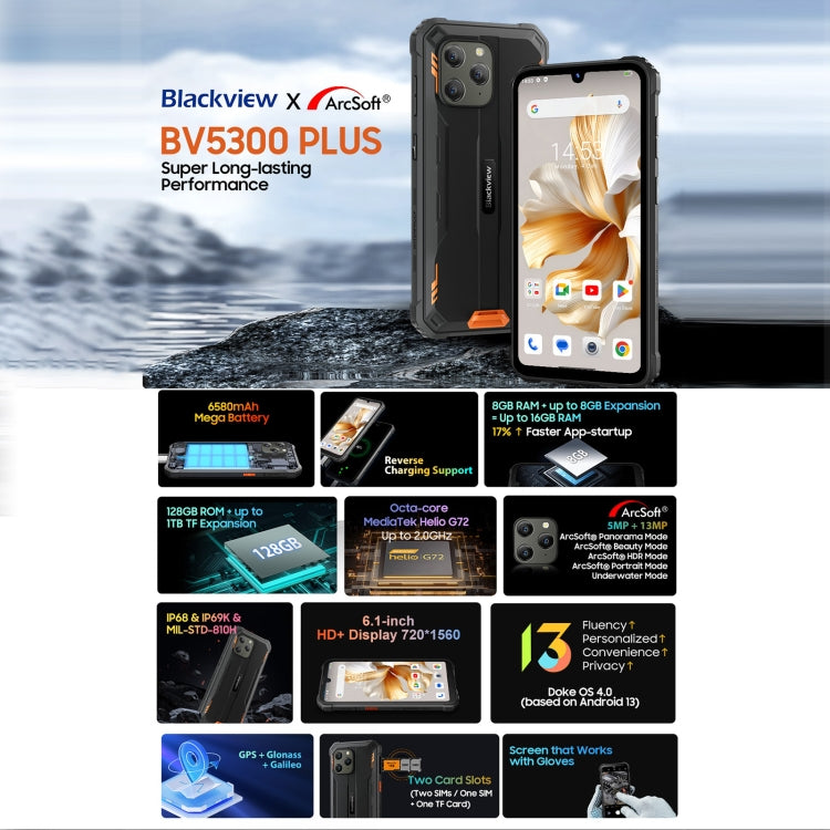 Blackview BV5300 Plus, 8GB+128GB, IP68/IP69K/MIL-STD-810H, 6.1 inch Android 13 MediaTek Helio G72 Octa Core, Network: 4G, OTG(Orange) - Blackview by Blackview | Online Shopping UK | buy2fix