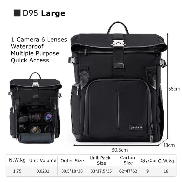 Cwatcun D95 Large Capacity Photography Backpack Shoulders Laptop Camera Bag, Size:30.5 x 18 x 38cm(Dark Black) - Backpack by Cwatcun | Online Shopping UK | buy2fix