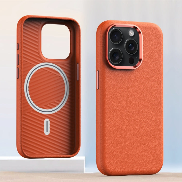 For iPhone 13 Pro Max Metal Lens Frame Leather Magsafe Full Coverage Shockproof Phone Case(Orange) - iPhone 13 Pro Max Cases by buy2fix | Online Shopping UK | buy2fix