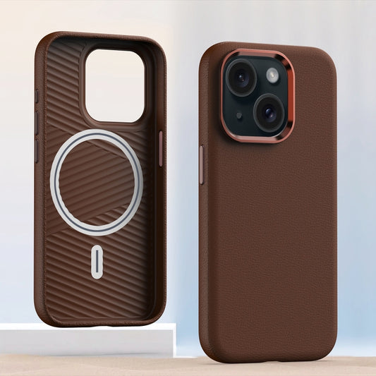 For iPhone 14 Plus Metal Lens Frame Leather Magsafe Full Coverage Shockproof Phone Case(Brown) - iPhone 14 Plus Cases by buy2fix | Online Shopping UK | buy2fix