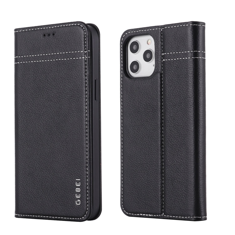 For iPhone 12 / 12 Pro GEBEI Top-grain Leather Horizontal Flip Protective Case with Holder & Card Slots(Black) - iPhone 12 / 12 Pro Cases by GEBEI | Online Shopping UK | buy2fix