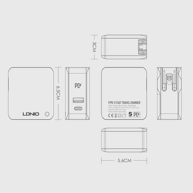 LDNIO A4403C 30W PD + Auto-id Foldable Fast Travel Charger with 1m 8 Pin Cable, UK Plug - USB Charger by LDNIO | Online Shopping UK | buy2fix