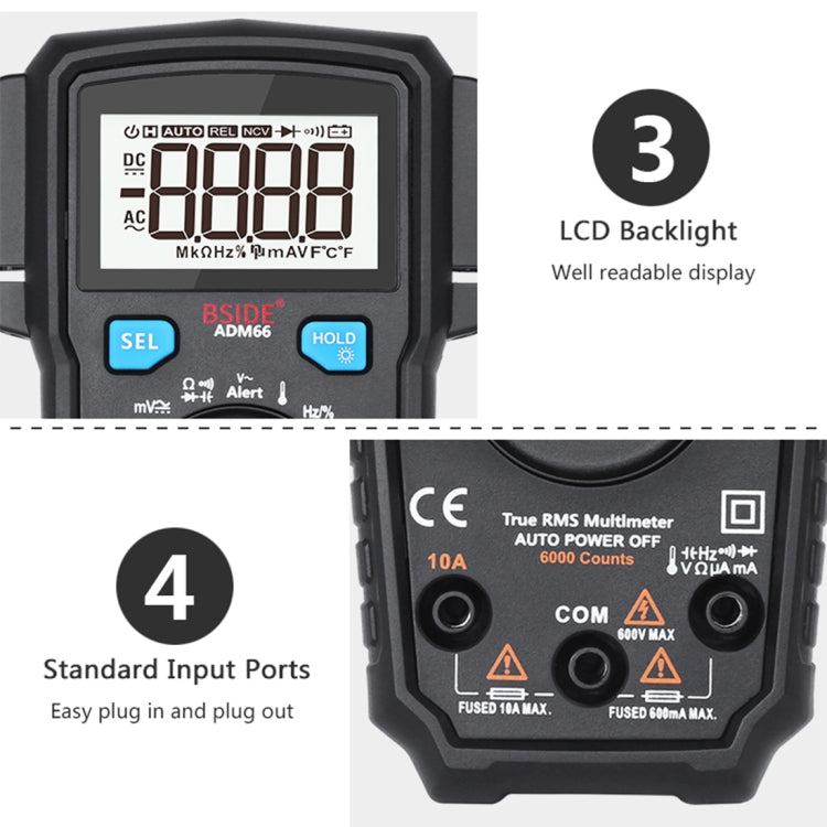 BSIDE ADM66 Handheld Household 6000 Count AC / DC Current Voltage Capacitor Automatic Range Multimeter with LCD Backlight & Card Slot Function - Consumer Electronics by BSIDE | Online Shopping UK | buy2fix