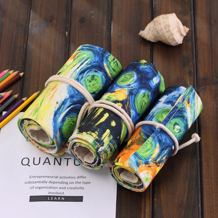 48 Slots Van Gogh Oil Painting Print Pen Bag Canvas Pencil Wrap Curtain Roll Up Pencil Case Stationery Pouch - Home & Garden by buy2fix | Online Shopping UK | buy2fix