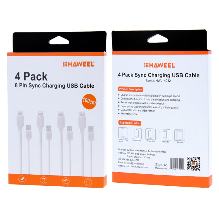 4 PCS HAWEEL 1m High Speed 8 pin to USB Sync and Charging Cable Kit for iPhone, iPad(White) - Normal Style Cable by buy2fix | Online Shopping UK | buy2fix