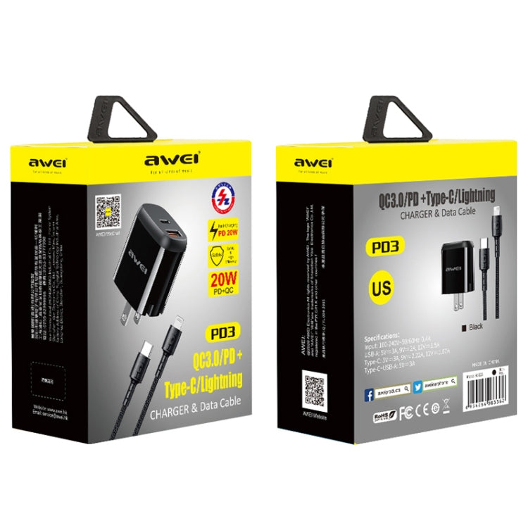 awei PD3 20W PD Type-C + QC 3.0 USB Interface Fast Charging Travel Charger with Data Cable, US Plug - USB Charger by awei | Online Shopping UK | buy2fix