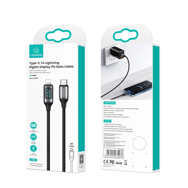 USAMS US-SJ545 U78 Type-C / USB-C to 8 Pin PD Aluminum Alloy Digital Display Fast Charging Data Cable, Length: 1.2m(White) - Normal Style Cable by USAMS | Online Shopping UK | buy2fix