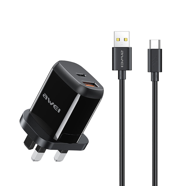 awei PD1 20W PD Type-C + QC 3.0 USB Interface Fast Charging Travel Charger with Data Cable, UK Plug - USB Charger by awei | Online Shopping UK | buy2fix