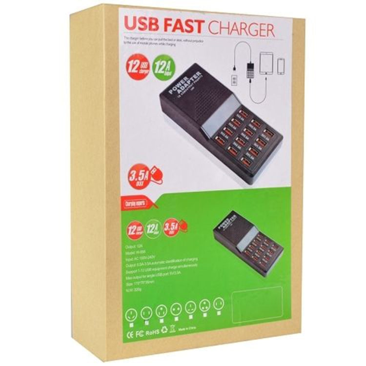 W-858 12A 12 Ports USB Fast Charging Dock Desktop Smart Charger AC100-240V, UK Plug (Black) - Multifunction Charger by buy2fix | Online Shopping UK | buy2fix