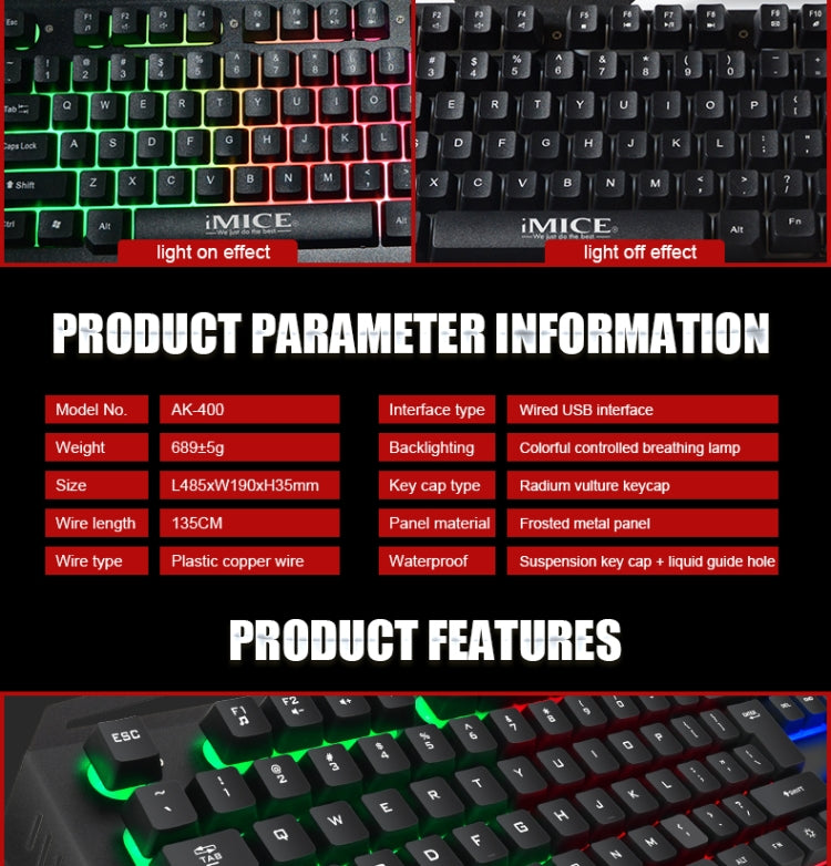 iMICE AK-400 USB Interface 104 Keys Wired Colorful Backlight Gaming Keyboard for Computer PC Laptop(Black) -  by iMICE | Online Shopping UK | buy2fix