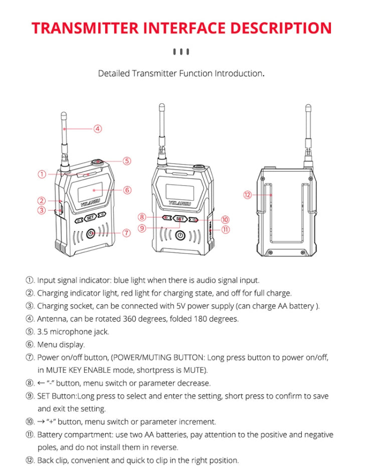 YELANGU YLG9929B MX4 Dual-Channel 100CH UHF Wireless Microphone System with 2 Transmitters and Receiver for DSLR Cameras and Video Cameras(Black) - Consumer Electronics by YELANGU | Online Shopping UK | buy2fix