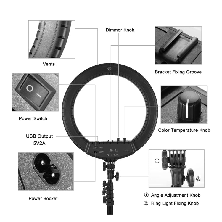 MANTOO RL-12 II 100-240V 28W 12 inch Two-color Dimmable Ring Fill Light with Tripod - Ring Light by MANTOO | Online Shopping UK | buy2fix