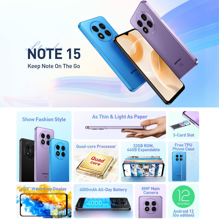 [HK Warehouse] Ulefone Note 15, 2GB+32GB, Face ID Identification, 6.22 inch Android 12 GO MediaTek MT6580 Quad-core up to 1.3GHz, Network: 3G, Dual SIM(Blue) - Ulefone by Ulefone | Online Shopping UK | buy2fix