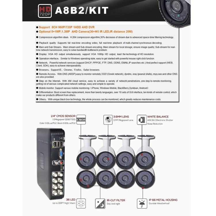A8B2 8Ch Bullet IP Camera NVR Kit, Support Night Vision / Motion Detection, IR Distance: 20m - Security by buy2fix | Online Shopping UK | buy2fix
