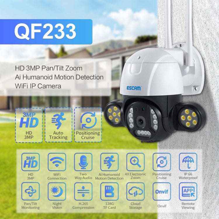 ESCAM QF233 3.0 Million Pixels Smart WiFi IP Camera, Support Auto Tracking & Night Vision & Two Way Audio & TF Card & Onvif, UK Plug - Security by ESCAM | Online Shopping UK | buy2fix