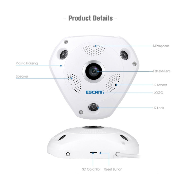 ESCAM Shark QP180 960P 360 Degrees Fisheye Lens 1.3MP WiFi IP Camera, Support Motion Detection / Night Vision, IR Distance: 10m - Security by ESCAM | Online Shopping UK | buy2fix