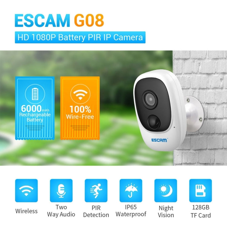 ESCAM G08 HD 1080P IP65 Waterproof PIR IP Camera with Solar Panel, Support TF Card / Night Vision / Two-way Audio (White) - Security by ESCAM | Online Shopping UK | buy2fix