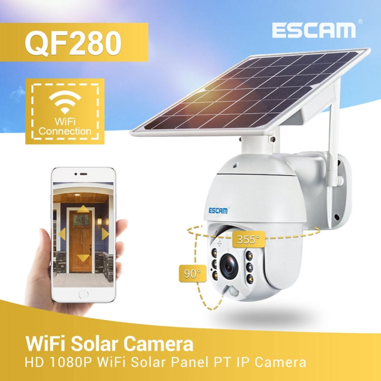 ESCAM QF280 HD 1080P IP66 Waterproof WiFi Solar Panel PT IP Camera without Battery, Support Night Vision / Motion Detection / TF Card / Two Way Audio (White) - Dome Camera by ESCAM | Online Shopping UK | buy2fix