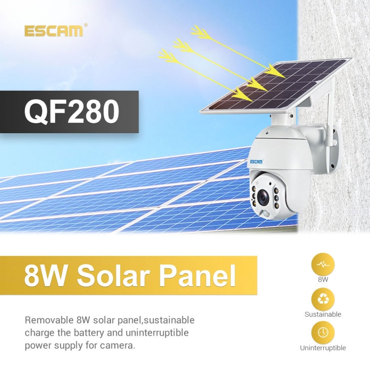 ESCAM QF280 HD 1080P IP66 Waterproof WiFi Solar Panel PT IP Camera without Battery, Support Night Vision / Motion Detection / TF Card / Two Way Audio (White) - Dome Camera by ESCAM | Online Shopping UK | buy2fix