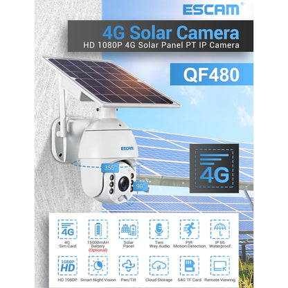 ESCAM QF480 US Version HD 1080P IP66 Waterproof 4G Solar Panel PT IP Camera without Battery, Support Night Vision / Motion Detection / TF Card / Two Way Audio (White) - Dome Camera by ESCAM | Online Shopping UK | buy2fix