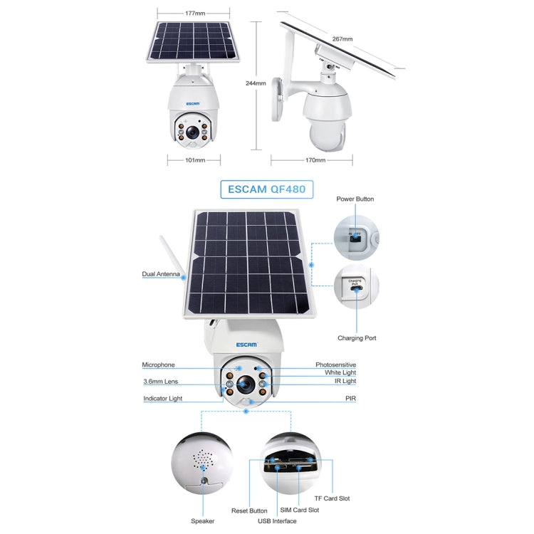 ESCAM QF480 EU Version HD 1080P IP66 Waterproof 4G Solar Panel PT IP Camera with Battery, Support Night Vision / Motion Detection / TF Card / Two Way Audio (White) - Dome Camera by ESCAM | Online Shopping UK | buy2fix