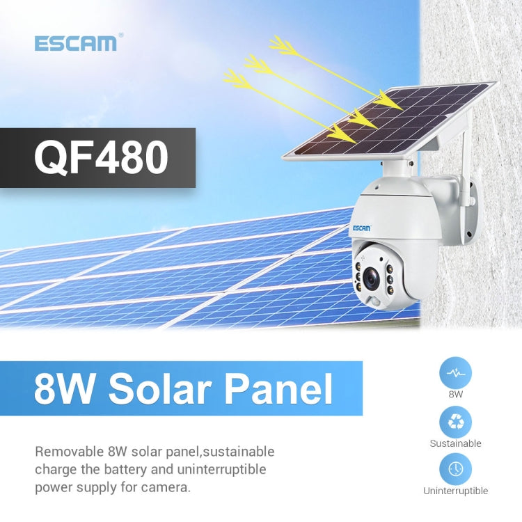 ESCAM QF480 EU Version HD 1080P IP66 Waterproof 4G Solar Panel PT IP Camera with Battery, Support Night Vision / Motion Detection / TF Card / Two Way Audio (White) - Dome Camera by ESCAM | Online Shopping UK | buy2fix