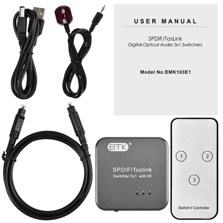 EMK SPDIF/TosLink Digital Optical Audio 3x1 Switcher with IR Controller (Grey) - Audio Signal Switcher by EMK | Online Shopping UK | buy2fix