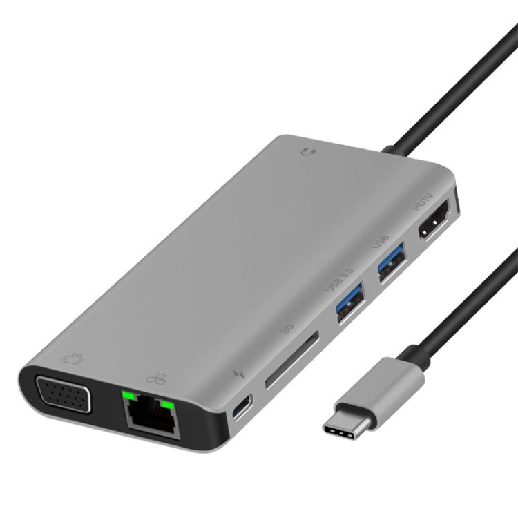 Onten 9591BD 8 in 1 USB-C / Type-C to PD USB-C / Type-C Charging + 100M Ethernet Port + Dual USB 3.0 + HDMI + VGA + SD Card Slot + 3.5mm AUX HUB (Grey) - Computer & Networking by Onten | Online Shopping UK | buy2fix