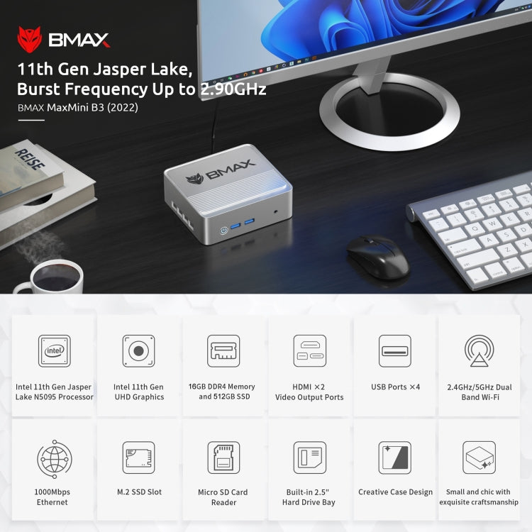 BMAX B3 Windows 11 Mini PC, 16GB+512GB, Intel Jasper Lake N5095, Support HDMI / RJ45 / TF Card, US Plug(Space Grey) - Windows Mini PCs by BMAX | Online Shopping UK | buy2fix