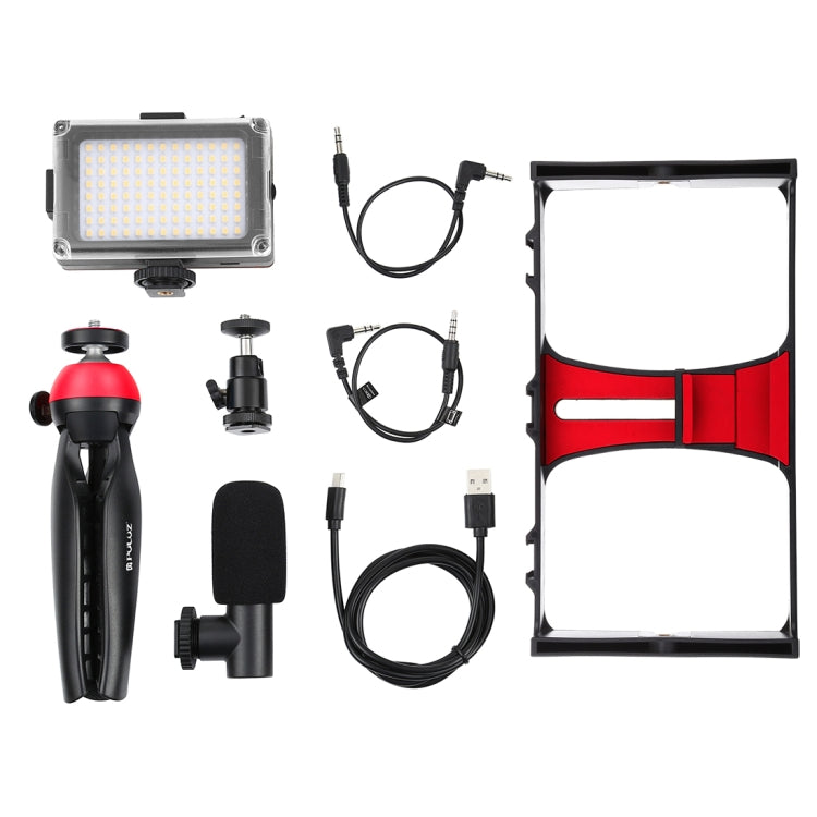 PULUZ 4 in 1 Vlogging Live Broadcast LED Selfie Light Smartphone Video Rig Kits with Microphone + Tripod Mount + Cold Shoe Tripod Head for iPhone, Galaxy, Huawei, Xiaomi, HTC, LG, Google, and Other Smartphones(Red) - Camera Cage by PULUZ | Online Shopping UK | buy2fix