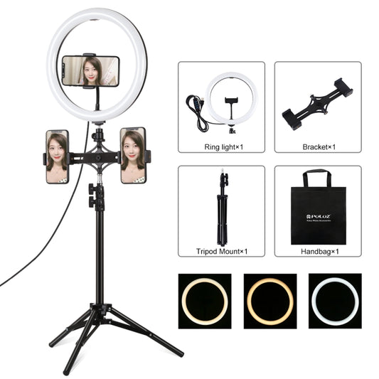 PULUZ 11.8 inch 30cm Light + 1.1m Tripod Mount + Dual Phone Brackets Curved Surface USB 3 Modes Dimmable Dual Color Temperature LED Ring Vlogging Video Light Live Broadcast Kits with Phone Clamp(Black) - Consumer Electronics by PULUZ | Online Shopping UK | buy2fix