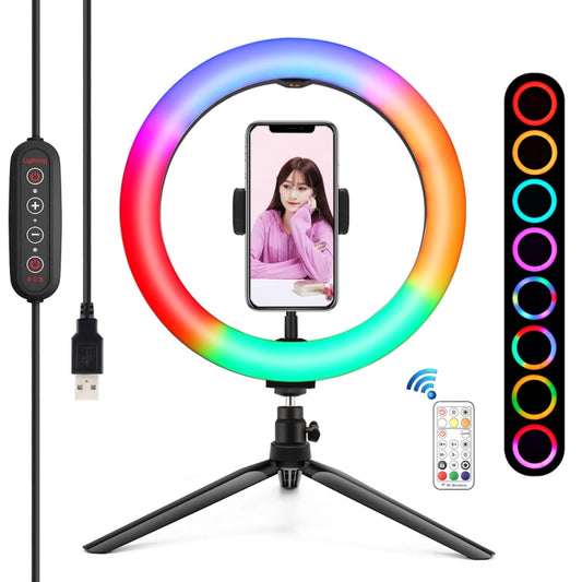 PULUZ 10.2 inch 26cm Marquee LED RGBWW Selfie Beauty Light + Desktop Tripod Mount 168 LED Dual-color Temperature Dimmable Ring Vlogging Photography Video Lights with Cold Shoe Tripod Ball Head & Remote Control & Phone Clamp(Black) - Consumer Electronics by PULUZ | Online Shopping UK | buy2fix