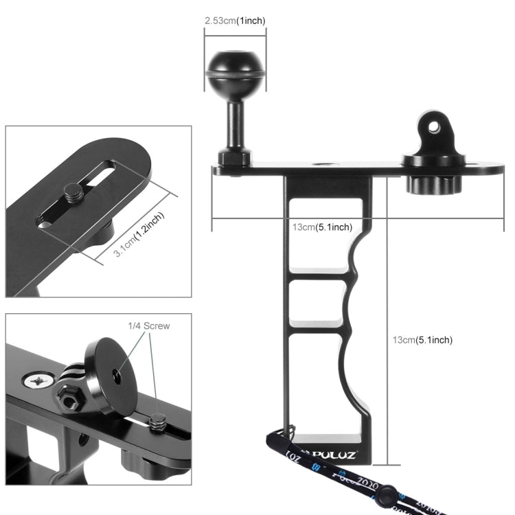 PULUZ CNC Aluminum Single Hand Diving Photography Bracket Handheld Holder, Compatible with DJI Osmo Action, GoPro NEW HERO /HERO7 /6 /5 /5 Session /4 Session /4 /3+ /3 /2 /1, Xiaoyi and Other Action Cameras, DSLR Cameras(Black) - Diving Accessories by PULUZ | Online Shopping UK | buy2fix