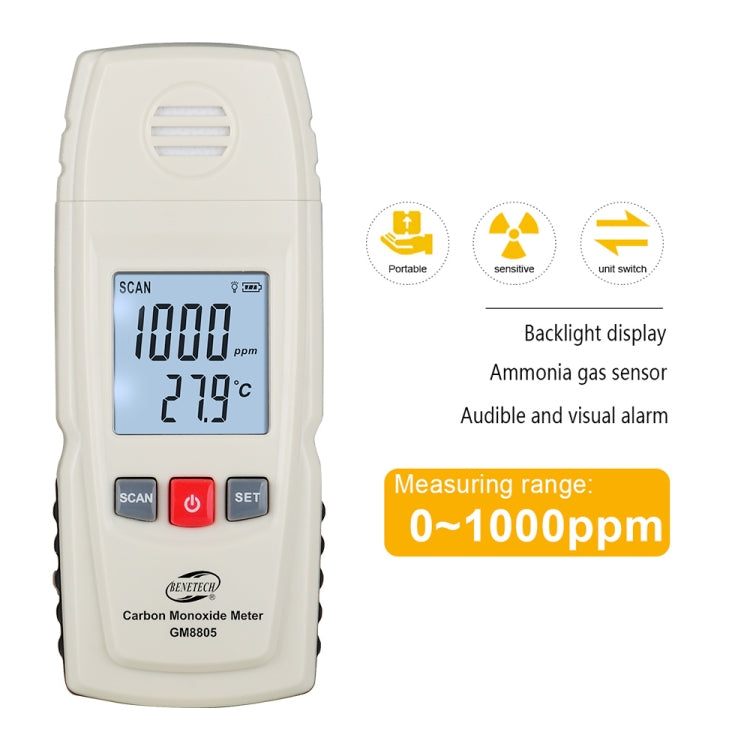 BENETECH GM8805 LCD Display Handheld Carbon Monoxide CO Monitor Detector Meter Tester, Measure Range: 0-1000ppm(White) - Gas Monitor by BENETECH | Online Shopping UK | buy2fix