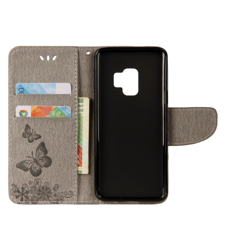 For Galaxy S9 Vintage Embossed Floral Butterfly Pattern Horizontal Flip Leather Case with Card Slot & Holder & Wallet & Lanyard(Grey) - Samsung Accessories by buy2fix | Online Shopping UK | buy2fix