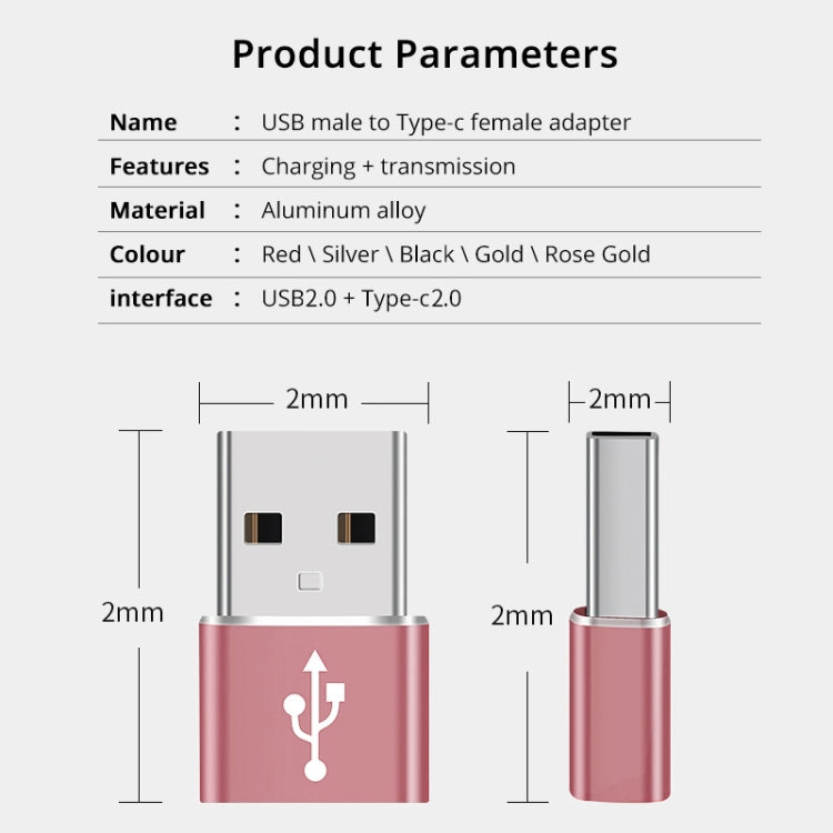 USB-C / Type-C Female to USB 2.0 Male Aluminum Alloy Adapter, Support Charging & Transmission(Pink) - Type-C Adapter by buy2fix | Online Shopping UK | buy2fix